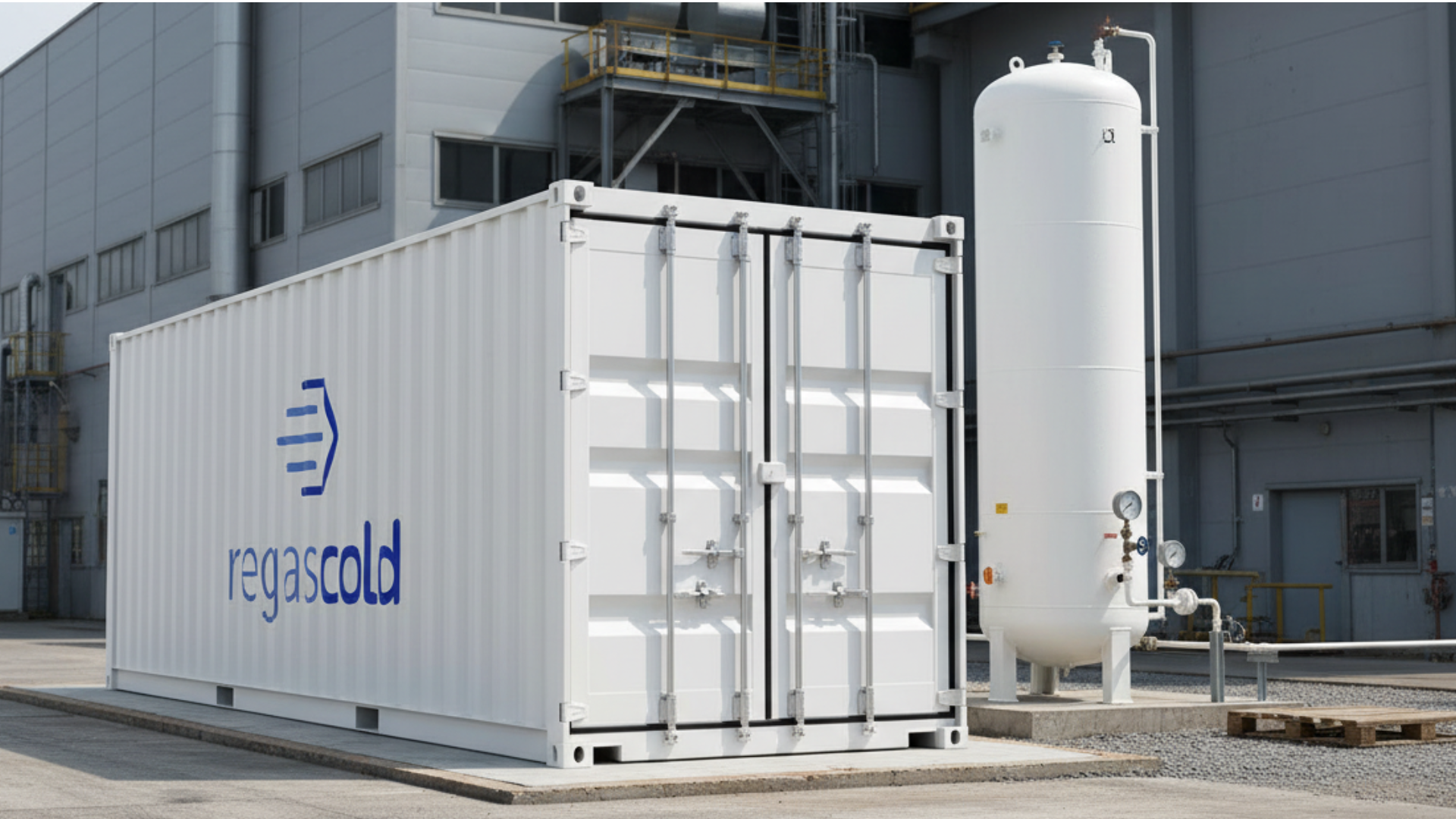 freecooler Container-Installation von regascold vor Industriegebäude